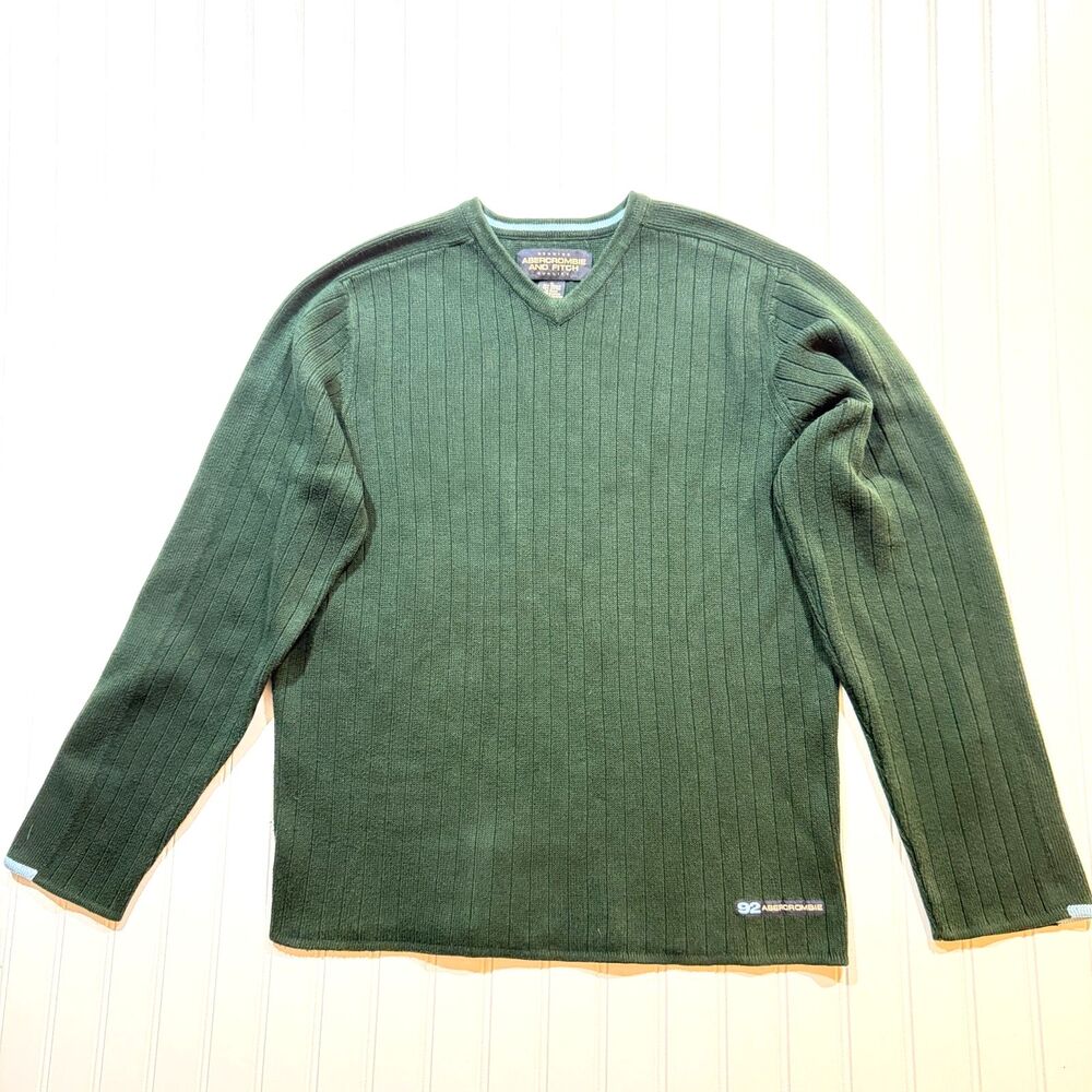 Vintage Y2K Abercrombie Fitch 92 Ribbed V Neck Sweater Green Indie Sleaze XL